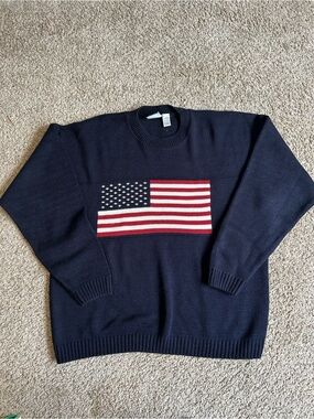 Vintage Basic Concepts American Flag Knit Crewneck Sweater Navy X-Large USA